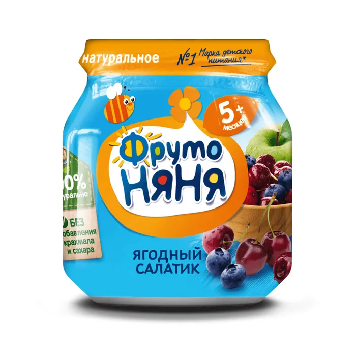 Пюре Фрутоняня ягодный салатик Яблоко черника вишня 5+ 100 г 