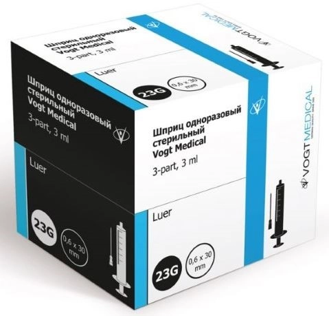 Шприц инъекционный 3 мл Vogt Medical трехкомпонентный Луер с иглой G23 0.6х30 мм № 1