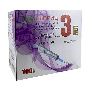 Шприц инъекционный 3 мл трехкомпонентный с иглой G23 0.6х30 мм №100