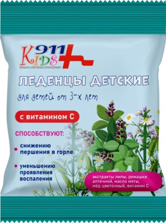 911 Кидс Леденцы детские с экстрактами липы ромашки аптечной мёдом и Витамином С 2.5г 50 г БАД