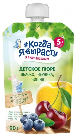 Пюре Когда Я вырасту  яблоко черника вишня б/сах 90 г 5+ дой-пак