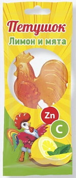 Леденцовая карамель с Цинком и витамином С Петушок со вкусом лимона и мяты 17 г БАД