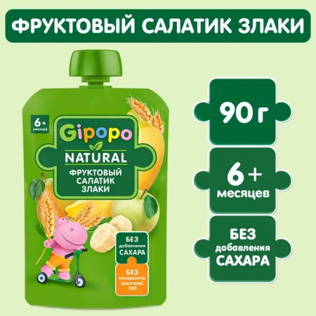 Пюре Гипопо 90г Фруктовый салатик и злаки без сахара 6+ д/пак